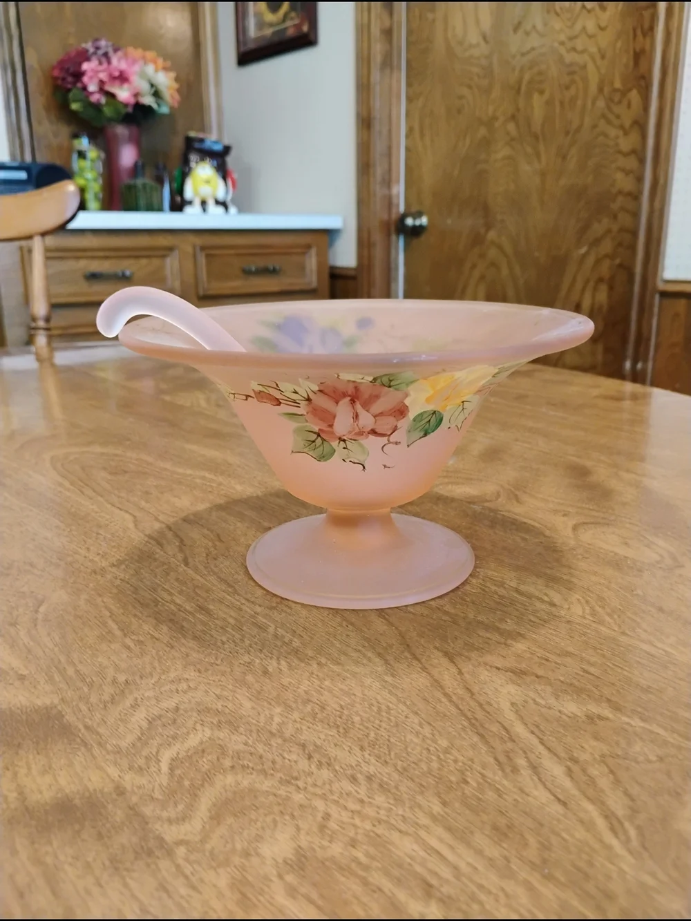 Vintage Tiffin Satin Pink Mayonnaise Bowl With Spoon Floral Poppies Gold Trim